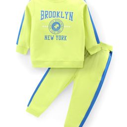 Babyhug Cotton Knit Full Sleeves T-Shirt & Lounge Pants Set With Text Print - Lime-image-48