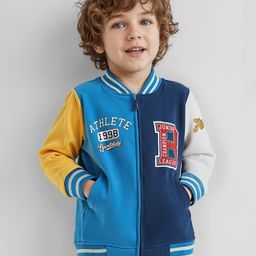 Babyug Cotton Knit Full Sleeves Bomber Jacket With Text Print & Embroidery - Blue-image-25
