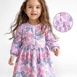 Doodle Poodle Cotton Knit Full Sleeves Frock With Bow Print - Bright White-image-91