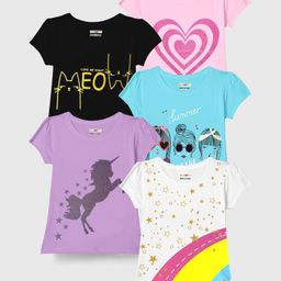 KUCHIPOO Pack Of 5 Cotton Half Sleeves Unicorn & Stars Printed T Shirts - Multi Colour-picture-13