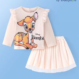 Babyoye Disney Cotton Knit Full Sleeves Top & Skirt Set With Bambi Graphics & Frill Details - Beige-image-54