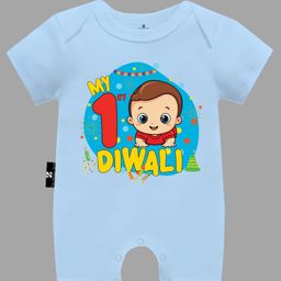 The Peppy Tend Diwali Theme 100% Cotton Half Sleeves My 1st Diwali Text Printed Romper - Blue-picture-35