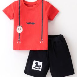 Kookie Kids Half Sleeves T-Shirt and Shorts Set with Bear Graphics - Red-27