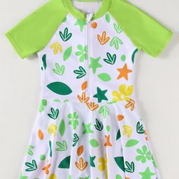 Babyhug Half Raglan Sleeves Frock Swimsuit With Floral & Leaf Print - Green & White-image-60