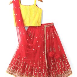Babyhug Woven Sleeveless Net Sequinned Choli Lehenga Set with Dupatta - Red & Yellow-image-7