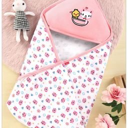 Babyhug 100% Cotton HoodedWrapper Kitty Print & Embroidery - Peach & White-22