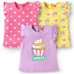 Babyhug Cotton Knit Frill Sleeves T-Shirts with Cup Cake & Heart Print Pack Of 3 - Mauve Yellow & Pink-image-115
