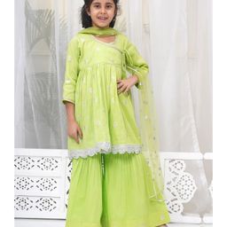 Little Bansi Cotton Three Fourth Sleeves Floral Printed & Lace Embellished Angrakha Style Kurta & Sharara With Dupatta Set - Green-image-82