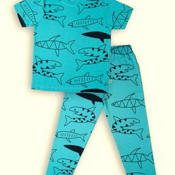 Lil' Roos Cotton Knit Half Sleeves Fish Printed Coordinating Night Suit Set - Radiant Blue-image-15