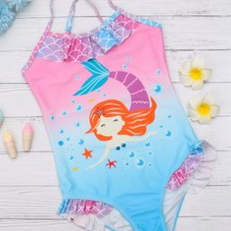Yellow Bee Sleeveless Charming Mermaid Printed One Piece Swimsuit - Blue & Pink-image-11