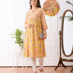 Bella Mama Viscose Woven Three Fourth Sleeves Over Lapping Maternity Kurta With With Contrast Yoke & Pocket with Floral Print- Yellow-image-57