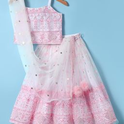 Babyhug Woven Sleeveless Lehenga Choli & Dupatta Set With Floral Embroidery & Sequin Detailing - White & Pink-image-59