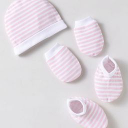 Kookie Kids Interlock Knit Striped Cap Mittens & Booties - Pink & White-image-11