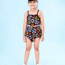 Kiddopanti Sleeveless Geometric Printed Coordinating Top & Asymmetrical Skirt Set - Black Blue & Orange-image-17