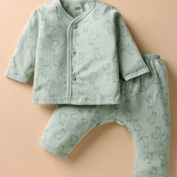 Pink Rabbit Single Jersey Knit Full Sleeves Co-ords Front Open Night Suit With Animal Print - Light Green-image-70