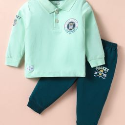 CUCUMBER Sinker Knit Full Sleeves Polo T-Shirt & Lounge Pant Set with Hockey Print - Navy Blue & Sea Green-image-95