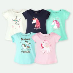Ariel Cotton Knit Pack Of 5 Half Sleeves Unicorn & Typography Printed Tops - Cream Green Pink Navy & Sky Blue-image-89