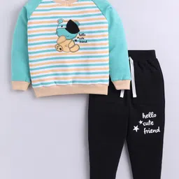 Little Ninja Cotton Knit Full Raglan Sleeves Striped & Bear Printed Sweatshirt & Joggers Set - White & Black-picture-32