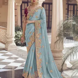 Odette Sea Green Georgette Embroidered Saree With Unstitched Blouse-picture-28