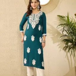 Vaamsi Teal Viscose Rayon Embroidered Kurti-image-97