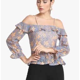 Kazo Beige & Blue Floral Print Top-image-62
