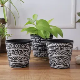 Set of 3 Black colored Planters with white tribal design-45