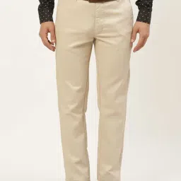 Sojanya Beige Cotton Regular Slim Fit Self Pattern Flat Front Trousers-image-11
