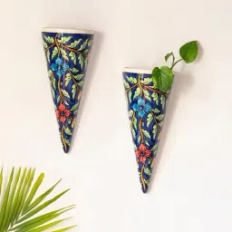 ExclusiveLane Floral Cones Multicolor Ceramic Hand-Painted Wall Planter Pots- Set of 2-image-27