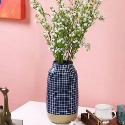 Tayhaa Blue & White Ceramic Geometric Flower Vase-image-76