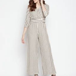MADAME Beige Cotton Striped Jumpsuit-image-65