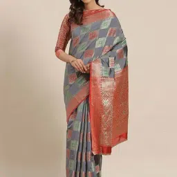 Blissta Grey & Red Woven Saree With Unstitched Blouse-picture-26