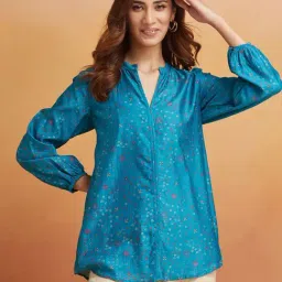 Fabindia Blue Cotton Silk Regular Fit Printed Tunic-picture-33