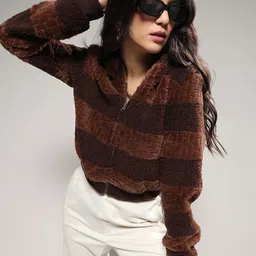 Campus Sutra Women Hooded Striped Lightweight Sherpa Jacket-picture-23