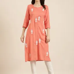 SHOWOFF Coral Cotton Embroidered Kurta-image-7