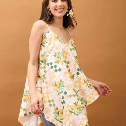 Globus Women Off White V-Neck Strappy Shoulder Floral & Fruit Print Asymmetric Hem Fusion Tunic-image-37