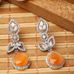 Zeneme Rhodium Plated Orange AD Studded Teardrop Shaped Drop Earrings-26