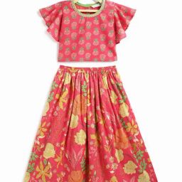 Campana Girls Pink Cotton Flared Fit Lehenga Choli Set-image-37