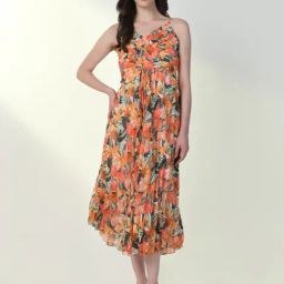 SHOWOFF Orange & Green Floral Print Midi Dress-image-29