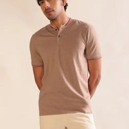 ANDAMEN Khaki Melange Regular Fit Cotton T-Shirt-image-7