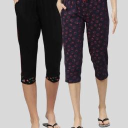 Kryptic Navy & Black Elasticated Waist Band Relaxed Fit Printed Cotton Capris - Pack of 2-picture-30
