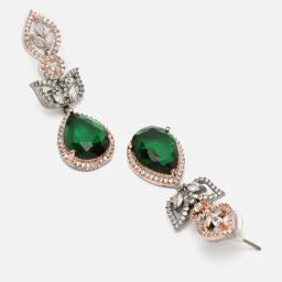 Zeneme Rose Gold Plated Gunmetal Green AD Studded Teardrop Drop Earrings image 5