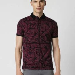 V Dot Maroon Cotton Slim Fit Printed Polo T-Shirt-image-3