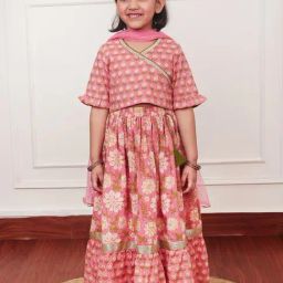 Campana Girls Dusty Pink Cotton Flared Fit Lehenga Set-image-93
