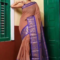 Unnati Silks Brown & Dark Blue Pure Cotton Chequered Saree-image-75