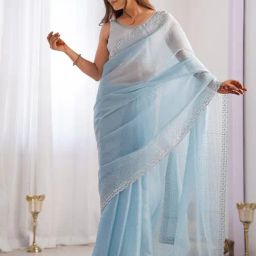 Saree Mall Light Blue Organza Embellished Saree with Blouse Piece-image-13