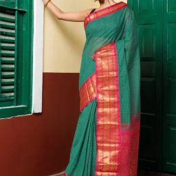 Unnati Silks Green & Red Pure Cotton Chequered Saree-picture-17