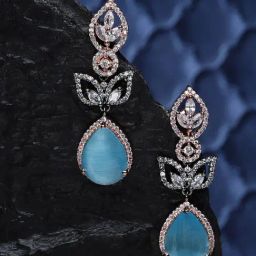 Zeneme Rose Gold Plated Gunmetal Blue AD Studded Teardrop Drop Earrings-14
