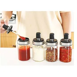 Femora Transparent Borosilicate Glass Spice Containers with Spoon (250 ml) - Set of 4 image 1