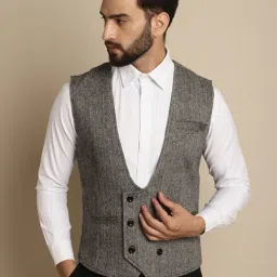 Even Grey Regular Fit Herringbone V Neck Waistcoat-image-1
