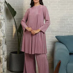 QISSA Solid Pleated Round Neck A-Line Kurta With Trousers-picture-41